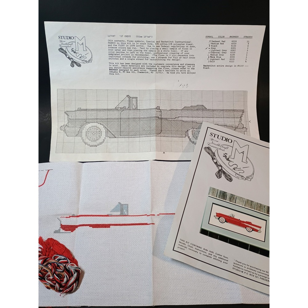Studio M 117087 57 Chevy Convertible Cross Stitch Kit 15 x 6 Partially Completed - Picture 2 of 8